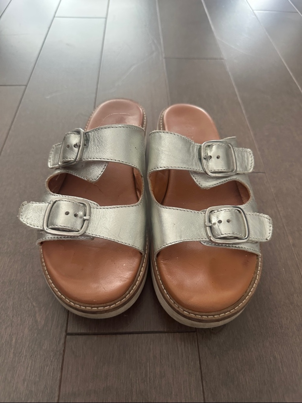Women's Silver Double-Buckle Slide Sandals